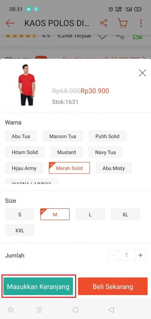 cara memilih 2 warna produk di Shopee