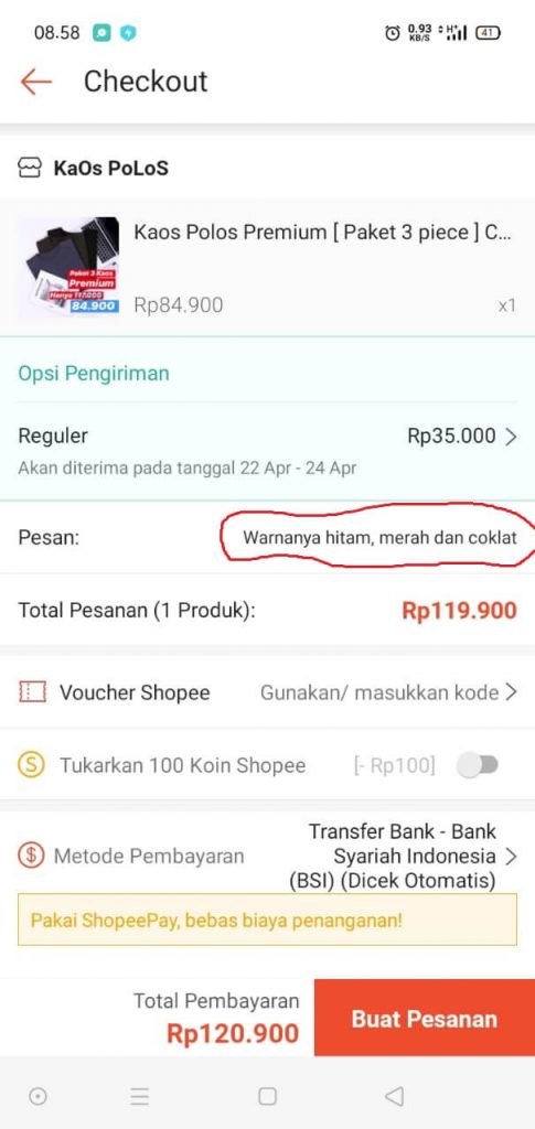 cara memilih 2 atau lebih warna di Shopee